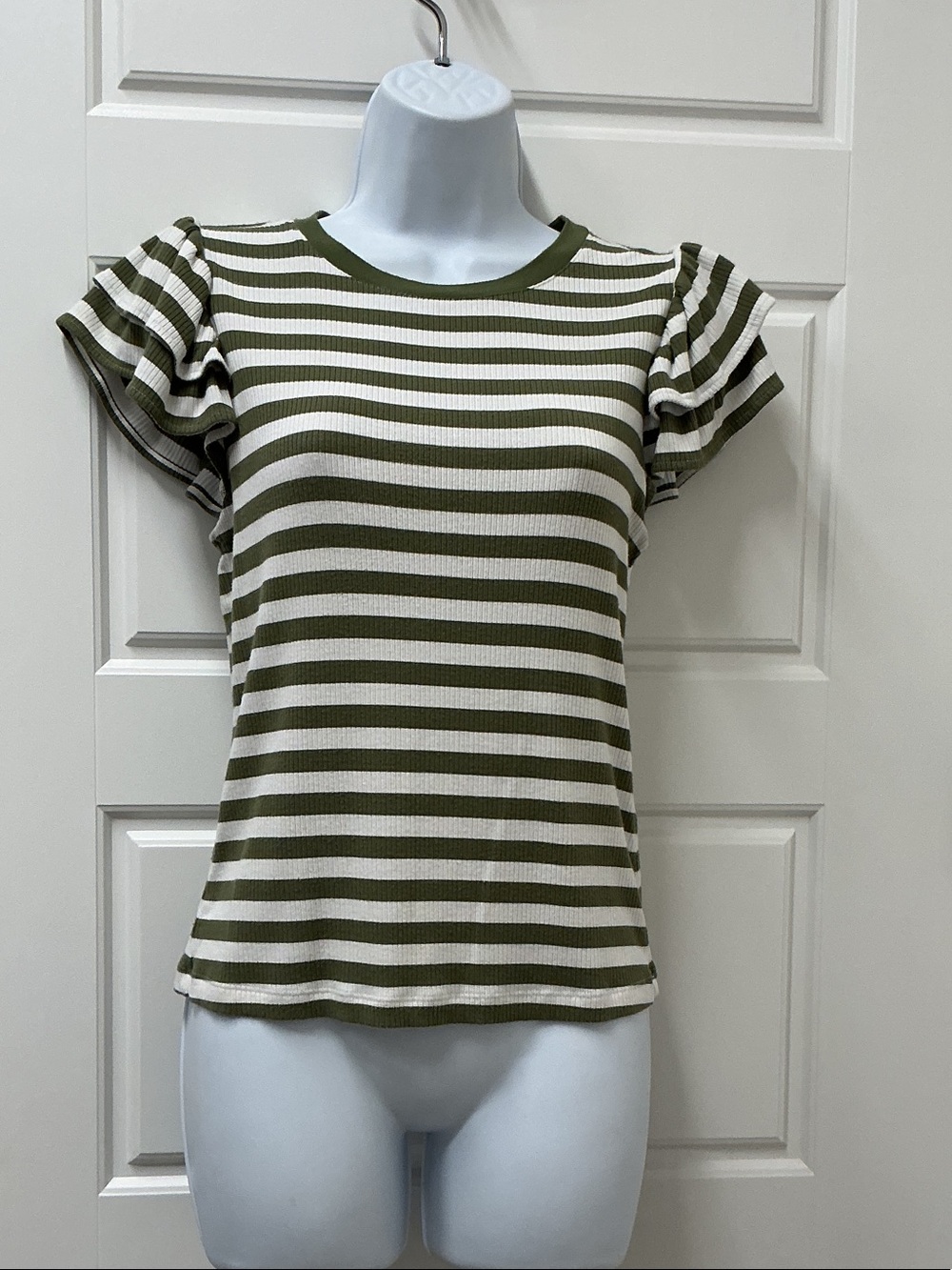 Ribbed Stripe Ruffle Sleeve Tee - Olive & White